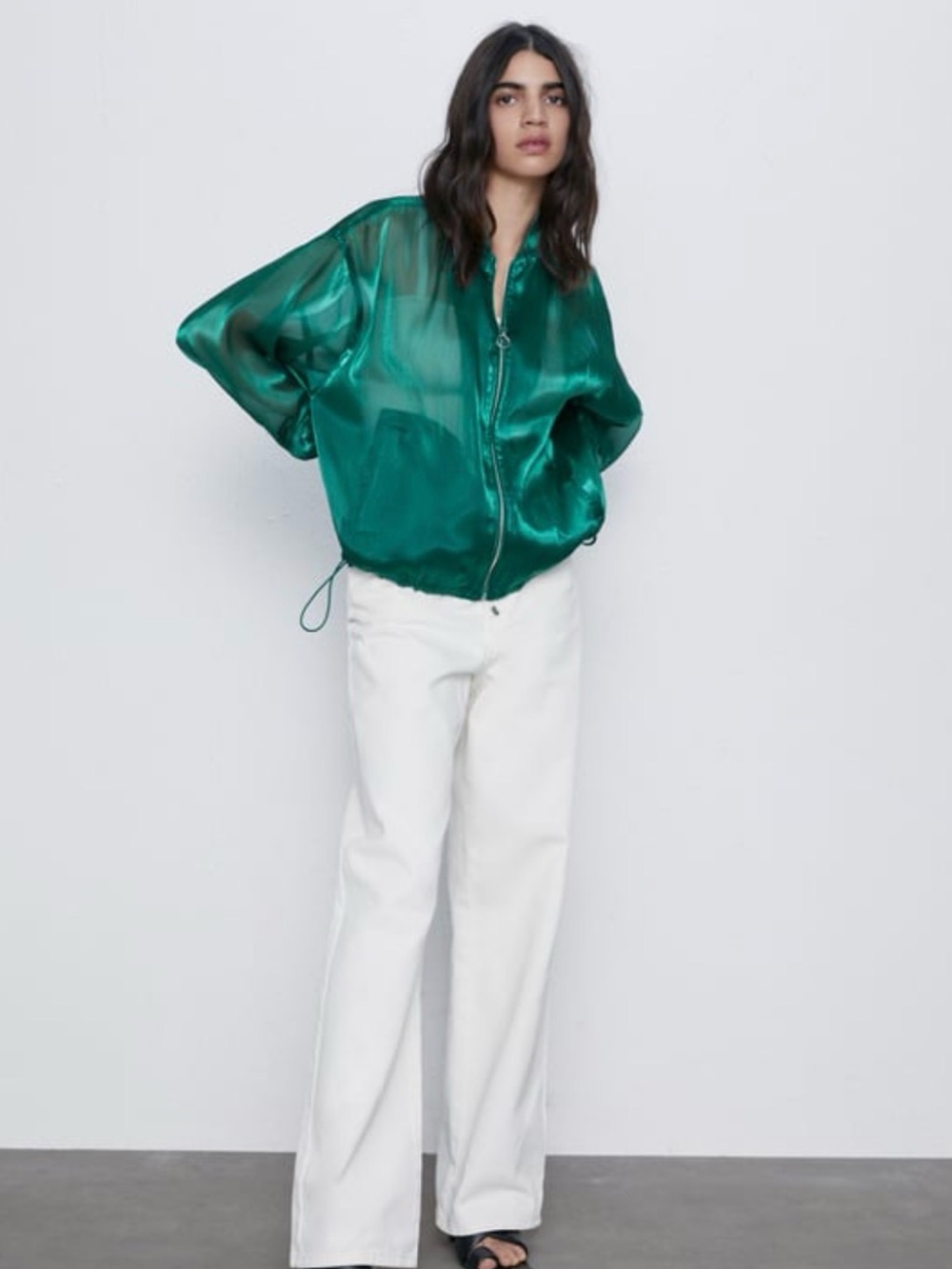 ZARA Semi-Sheer Emerald Green Bomber Jacket Women's sz M